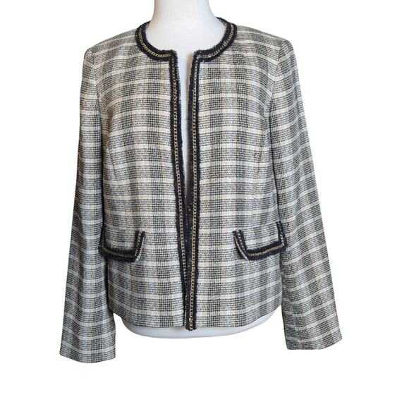 Kasper Women's Size 8 Tweed Blazer Jacket Black & Tan Plaid Gold Chain Detail - Picture 1 of 9
